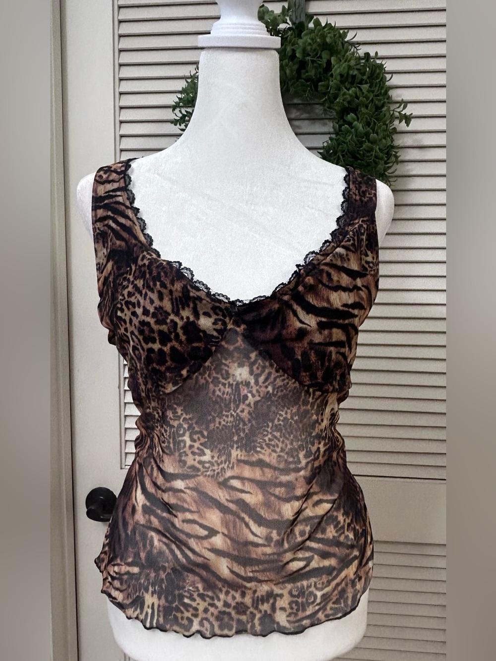 SHEIN Brown Animal Print Sheer Lace-Trim Cami